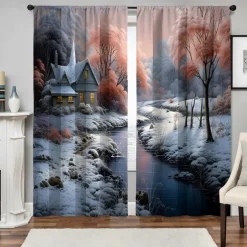 2PCS Landscape Painting Series Curtains 3D Digital Printing Fabric Curtains Window Screens