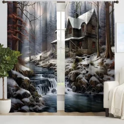 2PCS Landscape Painting Series Curtains 3D Digital Printing Fabric Curtains Window Screens