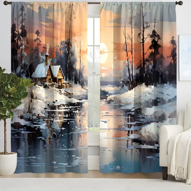 2PCS Landscape Painting Series Curtains 3D Digital Printing Fabric Curtains Window Screens
