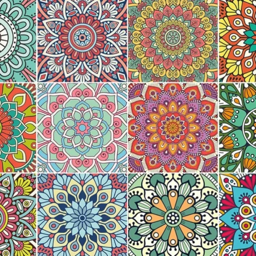 12/48pcs Mandala Style Tile Stickers, Decorative Waterproof Tile Stickers,Peel and Stick Vinyl Self-Adhesive Wall Decals ,for Kitchen Bathroom Living Room Furniture and Wall Decor