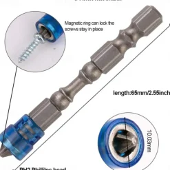 5PCS 65mm Anti-Slip Electric Magnetic Nut Driver Set 1/4 Inch Hex Shank S2 PH2 Magnetic Phillips Cross Screw Screwdriver Bits Set Electric Power Driver Bit Set Gift for Machinist