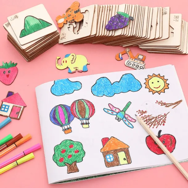 20pcs Montessori Kids Drawing Toys Wooden DIY Painting Template Stencils Learning Educational Toys For Children Gift, Back to School Supplies
