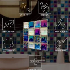 10pcs Mosaic Tile Sticker Waterproof Bathroom Wall Decoration Self-Adhesive Kitchen Oil Proof Wall Sticker Wall Decals 10*10cm