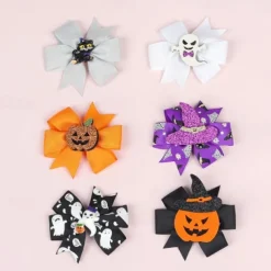 2pcs New Children's Bow Hair Clip Halloween Pumpkin Head Witch Hat Swallowtail Bow Clip