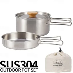 2Pcs of Set Outdoor Mountaineering 304 Stainless Steel Folding Handle Pot Durable Portable Lightweight Camp Cooking Pot for Hiking Backpacking Camping Gear Easy to Store and Carry