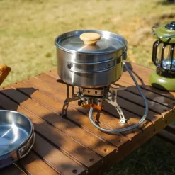 2Pcs of Set Outdoor Mountaineering 304 Stainless Steel Folding Handle Pot Durable Portable Lightweight Camp Cooking Pot for Hiking Backpacking Camping Gear Easy to Store and Carry