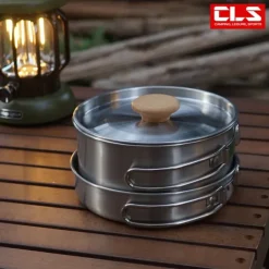 2Pcs of Set Outdoor Mountaineering 304 Stainless Steel Folding Handle Pot Durable Portable Lightweight Camp Cooking Pot for Hiking Backpacking Camping Gear Easy to Store and Carry