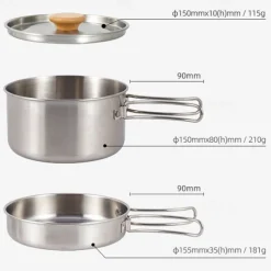 2Pcs of Set Outdoor Mountaineering 304 Stainless Steel Folding Handle Pot Durable Portable Lightweight Camp Cooking Pot for Hiking Backpacking Camping Gear Easy to Store and Carry