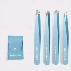 4pcs Professional Precision Slant And Pointed Tip Tweezers Set Eyebrow Plucker Tools For Ingrown Hair, Hair Removal Tweezers With Leather