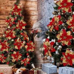 50pcs Red Poinsettia Flower Artificial Christmas Decor, Glitter Poinsettia Christmas Tree Flower Decoration, DIY Xmas Wreath Decor