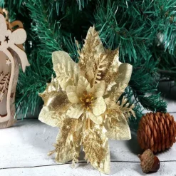 50pcs Red Poinsettia Flower Artificial Christmas Decor, Glitter Poinsettia Christmas Tree Flower Decoration, DIY Xmas Wreath Decor