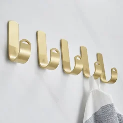 5PCS Robe Hook Brass Self Adhesive Brushed Golden Wall Mounted Hook For Bathroom/Kitchen