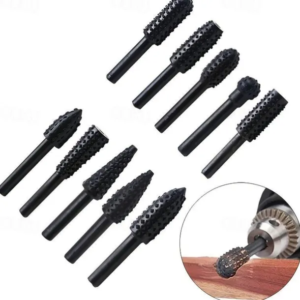 5/10pcs Rotary Burr Rasp Set Carbon Steel Wood Carving File Rasp Drill Bits Fit For Rotary Tools For DIY Woodworking Wood Plastic Carving Polishing Grinding Engraving