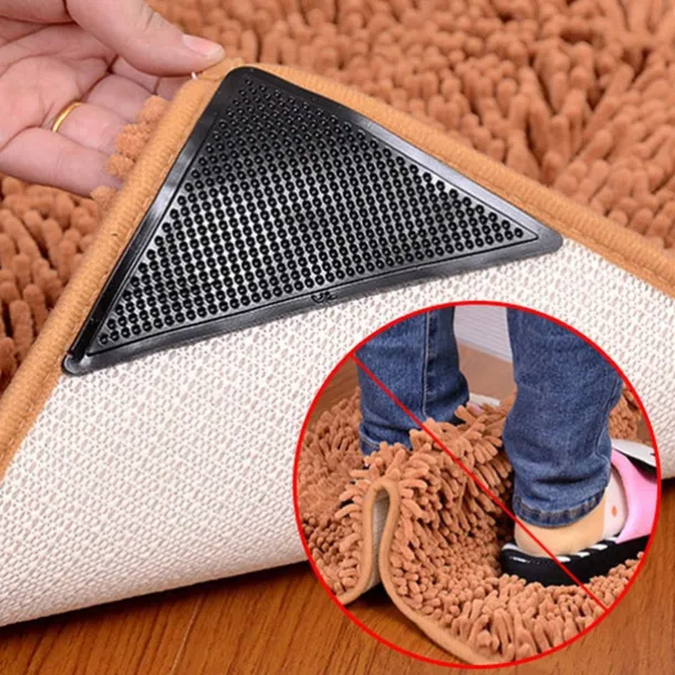 4pcs Rug Corners Grippers for Hardwood Floors Wood Floor Carpet Laminate Area Rugs on Tile - Rug Stickers - Rug Pads - Rug Tape - Double Sided Rug Tape - No Slip Rug Grip - Anti Slip Rug Grips