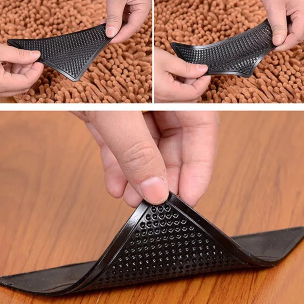 4pcs Rug Corners Grippers for Hardwood Floors Wood Floor Carpet Laminate Area Rugs on Tile - Rug Stickers - Rug Pads - Rug Tape - Double Sided Rug Tape - No Slip Rug Grip - Anti Slip Rug Grips