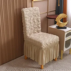 4PCS Seersucker Dining Room Chair Covers Slipcovers with Skirt Stretch Washable Seat Covers Protector, Cream