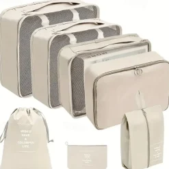 7pcs Set Travel Packing Cubes, Portable Mesh Luggage Storage Bag, Underwear Clothes Organizer Bag With Shoes Bag