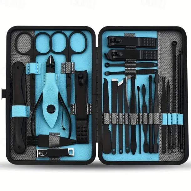 10/15/20/25pcs Stainless Steel Makeup Kit & Manicure set, Nail Clipper Set, With Black Leather Travel For Men & Women
