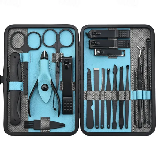 10/15/20/25pcs Stainless Steel Makeup Kit & Manicure set, Nail Clipper Set, With Black Leather Travel For Men & Women