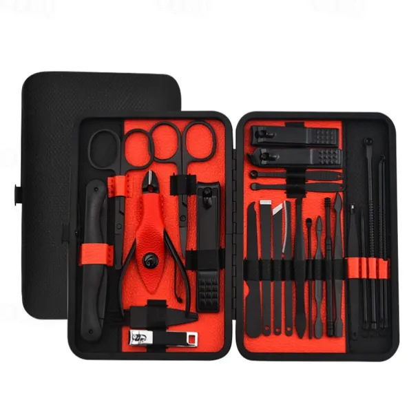 10/15/20/25pcs Stainless Steel Makeup Kit & Manicure set, Nail Clipper Set, With Black Leather Travel For Men & Women