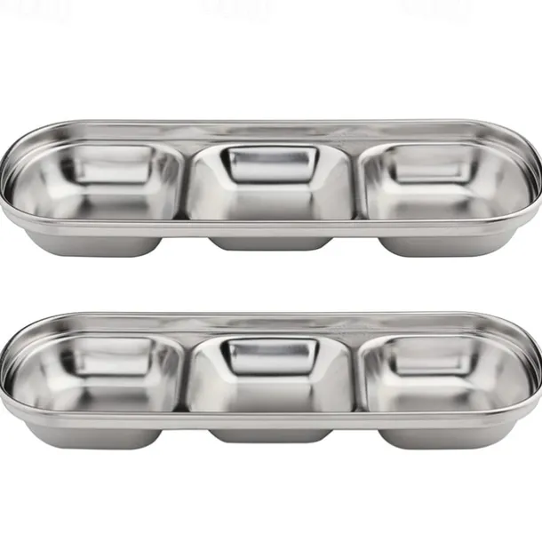 2/4pcs Stainless Steel Soy Sauce Dish Dipping Bowls 3 Grids Divided Sauce Dishes Side Dishes for Soy Sauce Ketchup Seasoning Sushi (3 Grid)