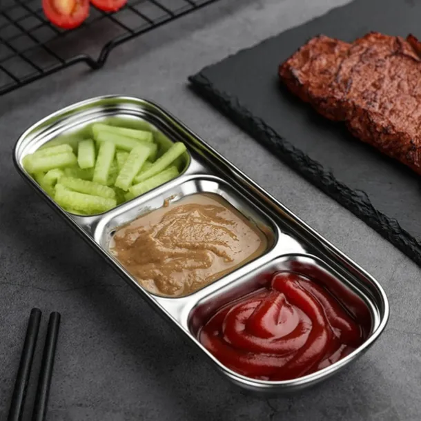 2/4pcs Stainless Steel Soy Sauce Dish Dipping Bowls 3 Grids Divided Sauce Dishes Side Dishes for Soy Sauce Ketchup Seasoning Sushi (3 Grid)