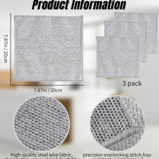 3pcs Steel Wire Dishwashing Cloth Kitchen Cleaning Cloth Non-stick Oil Dish Clean Towel Washing Rags Household Cleaning Cloths