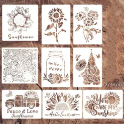 9pcs Sunflowers Painting Stencils Reusable Stencils Wall Stencils DIY Craft Stencils (Flower Theme)