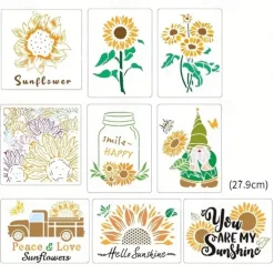 9pcs Sunflowers Painting Stencils Reusable Stencils Wall Stencils DIY Craft Stencils (Flower Theme)