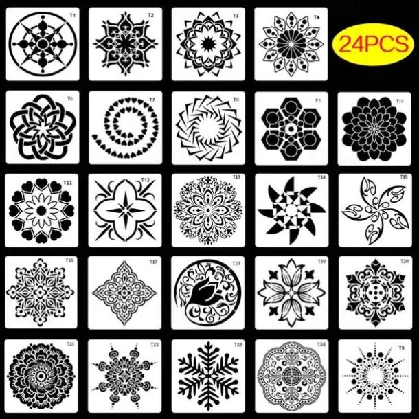 36pcs Templates Stencil Set, Reusable Craft Stencils, Mandala Stencils, Laser Cutting Painting Stencils For DIY Painting Art Scrapbook, Wood, Paper, Furniture, Door, Floor Wall, 9x9cm(3.5*3.5in)