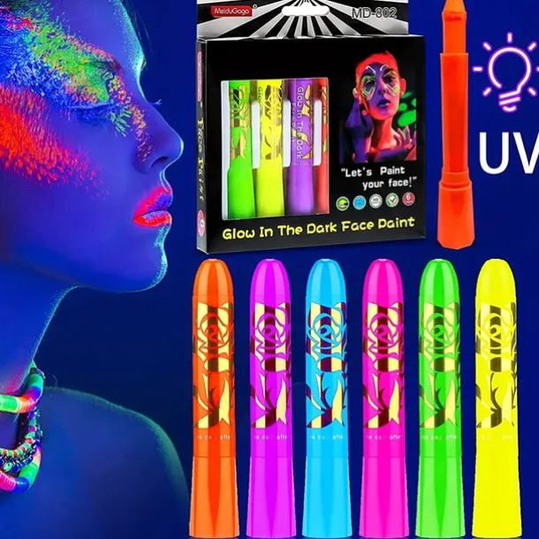 6pcs UV Glow Body and Face Paint Kit - Fluorescent Crayons for Adults - Perfect for Birthday Parties, Halloween, and Masquerades