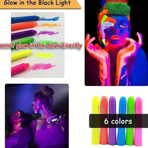 6pcs UV Glow Body and Face Paint Kit - Fluorescent Crayons for Adults - Perfect for Birthday Parties, Halloween, and Masquerades