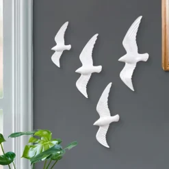 4PCS White Resin Flying Bird Ornaments, 3D Wall Decorations for Home, Family, Hotel, Indoor Warm Bird Wall Decor, Decorative Wall Embellishments