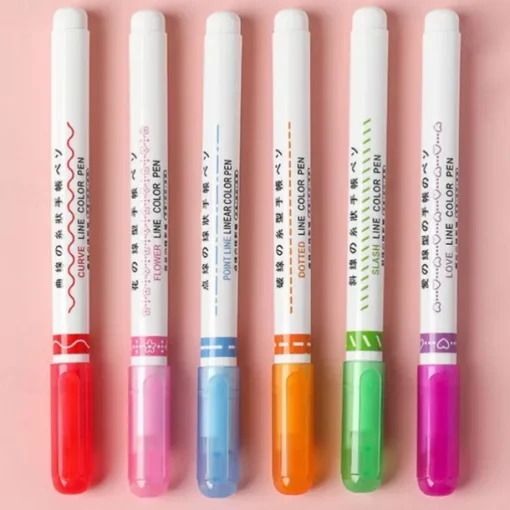 6Pcs/pack Curve Highlighter Pen Flower-shaped Curve Line Highlighters Multiple Shapes Graffiti Markers Pen Roller Tip Art Stationery