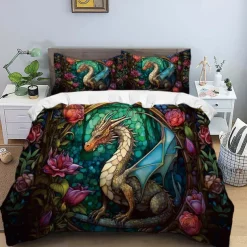 2PCS/3PCS Retro Retro Abstract Fire Dragon Pattern Bed Set Duvet Cover Lightweight and Soft Suitable for Adult and Child Big Bed Small Bed Set
