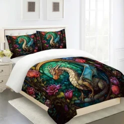 2PCS/3PCS Retro Retro Abstract Fire Dragon Pattern Bed Set Duvet Cover Lightweight and Soft Suitable for Adult and Child Big Bed Small Bed Set