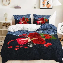 2Pcs/3Pcs Valentine's Day Duvet Cover Set Rose Flower Wedding Collection Two Piece Quilt Set Three Piece Set Includes One Quilt Cover 1 Or 2 Pillow Covers Bedding Set