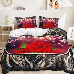 2Pcs/3Pcs Valentine's Day Duvet Cover Set Rose Flower Wedding Collection Two Piece Quilt Set Three Piece Set Includes One Quilt Cover 1 Or 2 Pillow Covers Bedding Set