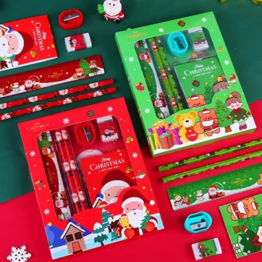 6pcs/set Christmas Portable Stationery Gift Box Set Contain 2 Pencils 1 Pencil Sharpener 1 Eraser 1 Ruler 1 Sticky Note Paper For Primary School Student Children Learning Gift Award