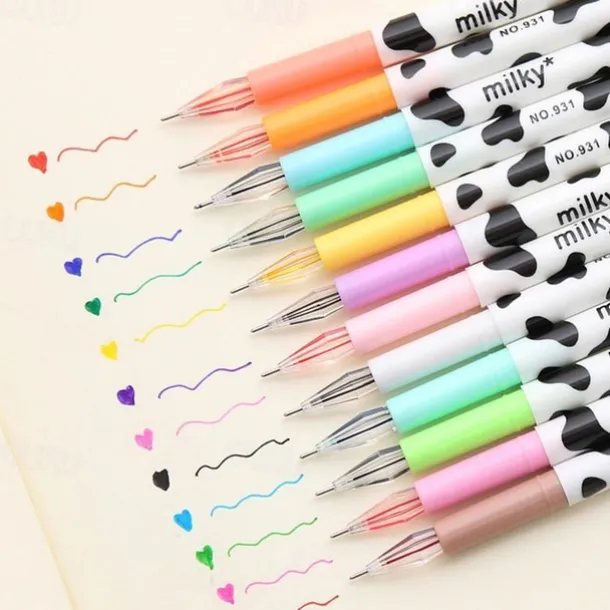 12pcs/Set Colorful Cute Milky Kawaii Cow Design Gel Pens For Office School Home Gifts, Kids Friends And Students, Back to School Supply