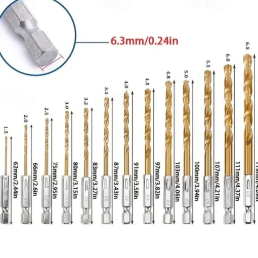 13pcs/set HSS Titanium Coated Drill Bit Set 1/4 Hex Shank 1/16"-1/4" Electric Drill Twist Drill Bit Twist Drill Bit Hex Shank 1.5-6.5mm Hex Handle Twist Drill For Wood, Plastic, Aluminum Alloy, Metal