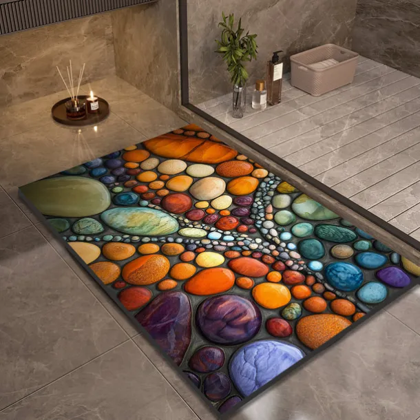 Pebble Bathroom Rug, Polyester Rectangle Door Mat, Super Absorbent, Non-Slip, Easy-to-Clean, Stain-Resistant Bath Mat