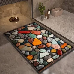 Pebble Bathroom Rug, Polyester Rectangle Door Mat, Super Absorbent, Non-Slip, Easy-to-Clean, Stain-Resistant Bath Mat