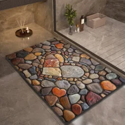 Pebble Bathroom Rug, Polyester Rectangle Door Mat, Super Absorbent, Non-Slip, Easy-to-Clean, Stain-Resistant Bath Mat