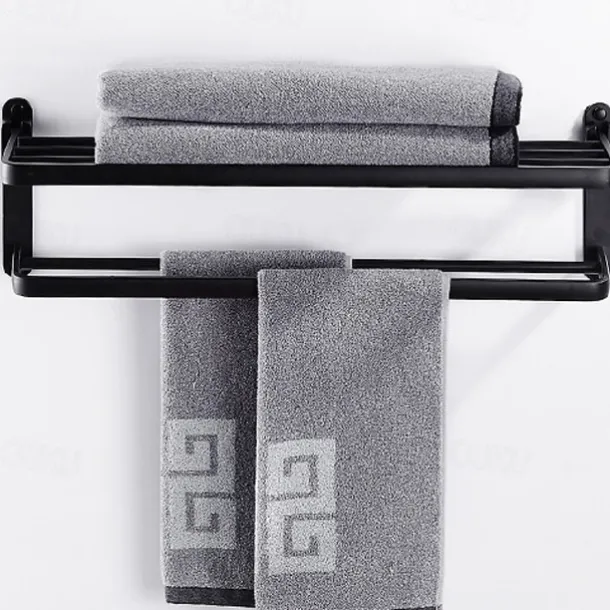 Perforation-free Space Aluminum Bathroom Shelf Foldable Towel Rack Wall mounted 2-tier Matte Black