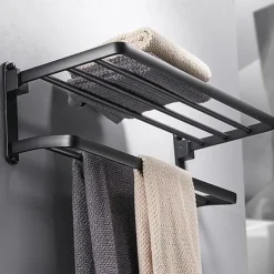 Perforation-free Space Aluminum Bathroom Shelf Foldable Towel Rack Wall mounted 2-tier Matte Black