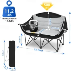 2-Person Oversized Camping Chair with 650 lb Capacity - Padded, Wine Glass Rack & Cup Holders, Lightweight Portable Foldable Design, Durable 600D Oxford Fabric & Steel Frame for Camping, Beach, Backya
