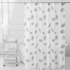 PEVA Shower Curtain Liner, 180x180cm 70"x70" Waterproof Washable Shower Curtain Liner Bathroom Shower Liner, 12 Hooks Black White Leaf Pattern