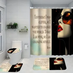 4-Piece Bathroom Set, Waterproof Polyester Shower Curtain with 12 Hooks, Non-Slip Toilet Seat Cover & Sturdy Bath Mat, Fashionable African American Women Design for Home Decor