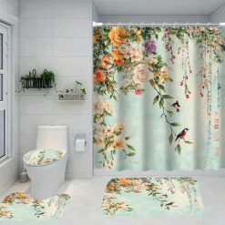 4-Piece Bathroom Set, Waterproof Polyester Shower Curtain with 12 Hooks 180cm*180cm(70"*70"), Non-Slip Toilet Lid Cover & Sturdy Bath Mat for Home Decor